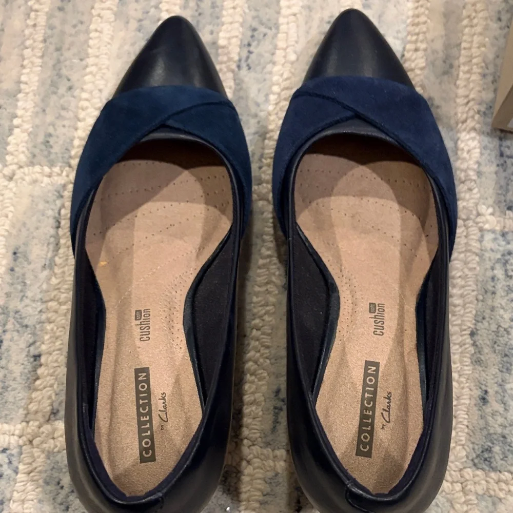 Clarks Navy Pointed Toe Low Heels